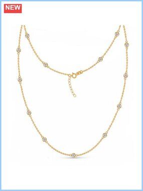 Sterling Silver CZ Station Necklace Cable Chain Spring Ring Gift
